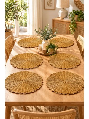 Atbyhome 6'lı Rattan Yuvarlak Supla 36 cm - Bohem Örgü Amerikan Servisi ve Dekoratif Tabak Altlığı Seti