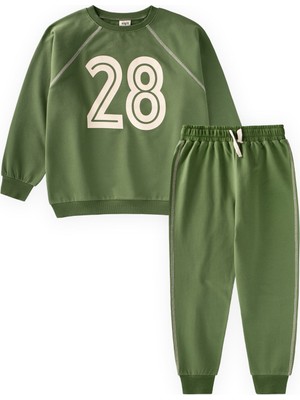 Cigit Şardonlu Karyoka Detaylı Baskılı Sweatshirt Takım 2-10 Yaş Yağ Yeşili