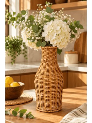 Atbyhome Doğal Hasır Rattan Çiçek Vazosu 25.5 cm - Masa Üstü Dekoratif El Örgüsü Kuru Çiçeklik ve Saksı