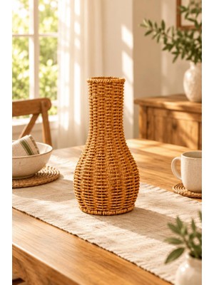 Atbyhome Doğal Hasır Rattan Çiçek Vazosu 27 cm - Masa Üstü Dekoratif Bohem El Örgüsü Kuru Çiçeklik Vazo