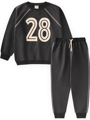 Cigit Şardonlu Karyoka Detaylı Baskılı Sweatshirt Takım 2-10 Yaş Antrasit