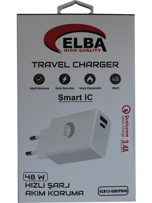 Elba ELB13 Elb-48w 3.4A USB-Pd48 (Usb+Type-C) Akıllı Koruma- Isıya Dayanklı Hızlı Şarj Ev Şarj Kafa