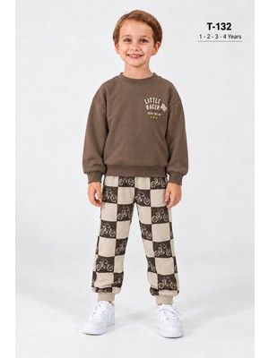 Poyraz Kids Erkek Çocuk Baskılı Sweatshirt ve Damalı Pantolon 2’li Takım T-132
