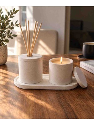 Lithos Atelier Beyaz Beton Mum ve Oda Kokusu Seti | Soya Wax Mum + 50 cc Koku Hediyeli