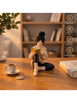 Kahve Molası Betush, Kitap Okuyan Kız Figürü, El Yapımı 3D Baskı Dekoratif Biblo