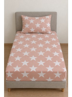 Maki Home Makiteks %100 Pamuklu Yıldız Desen Temalı Pembe 100X200+50X70 cm Tek Kişilik Derin Yüksek Kenarlı Lastikli Çarşaf Seti
