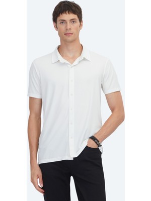 Kip Beyaz Çizgili Regular Fit Kısa Casual Gömlek
