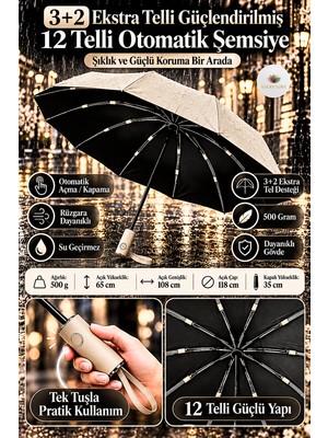 Lucky Love 12 Telli Güçlendirilmiş Klasik Otomatik Şemsiye Rüzgara Dayanıklı Su Geçirmez Uv Korumalı Klasik