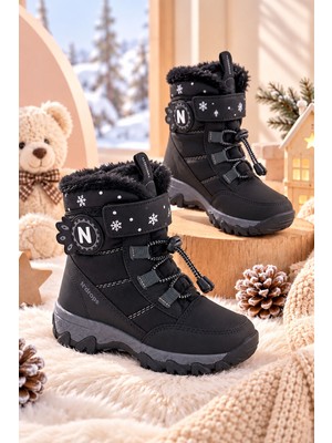 Albishoes Kız Çocuk Cırtlı Kaymaz Tabanlı Soğuk Geçirmez Suya Dayanıklı Kürklü Çocuk Unisex Kar Botu