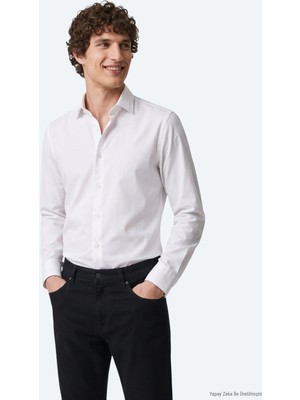Kip Beyaz Düz Slim Fit Uzun Dokuma Klasik %100 Pamuk Gömlek