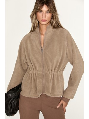Grimelange Arbour Kadın Stoper Büzgü Detaylı Fermuarlı Polar Vizon Sweatshirt