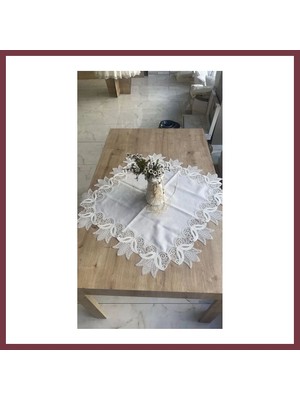 Storeşahin Masa Üzerine Runner, Sehpa Örtüsü Fransız Dantel Detaylı Kare 88X 88 cm Kayla Kreme Krem SHN0720