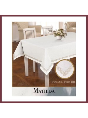 Storeşahin Keten Masa Örtüsü Tablecloth 155X220 cm Yemek Masası Örtüsü Matilda Model Krem-Altın SHN0720