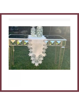 Storeşahin Salon Takımı 5 Parça Dantelli Keten Masa Örtüsü Runner Seti Çeyizlik Selena Model No 96536 Krem SHN0720