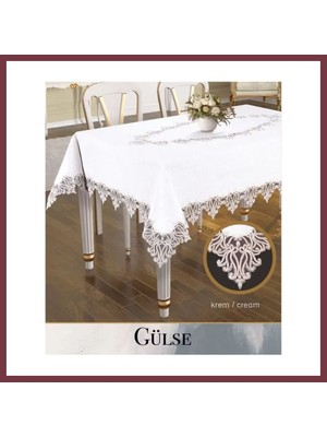 Storeşahin Gülse Model Keten Tek Masa Örtüsü 155X260 cm Krem Dantelli Yemek Masası Örtüsü SHN0720