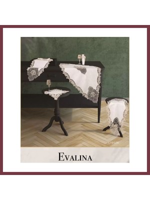 Storeşahin Salon Takımı 5 Parça Keten Dantelli Masa Örtüsü Runner Seti Evalina Model -Krem-Krem SHN0720