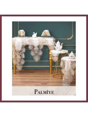 Storeşahin Çeyizlik Palmiye Model Krem-Krem 7 Parça Keten Masa Örtüsü Runner Seti Salon Dekorasyonu SHN0720