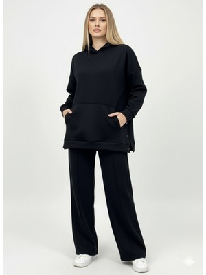 Soft & Basic Kapüşonlu Yanları Çıt Çıt Detaylı Sweatshirt ve Nervürlü Pantolon Alt Üst Takım