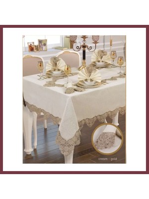 Storeşahin Angles Flora El Işi Yemek Takımı 17 Parça Masa Seti 8 Kişilik 165 × 265 cm Runner Set Krem-Gold SHN0720