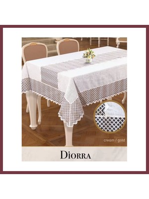 Storeşahin Diorra Model Krem-Gold Keten Kendinden Runnerli 160X260 cm Yemek Masası Örtüsü SHN0720