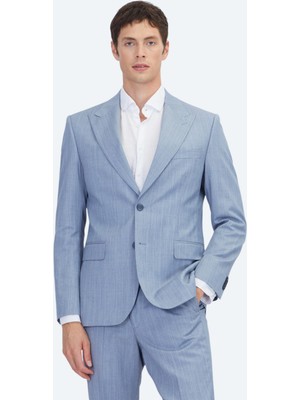 Kip Mavi Çizgili Modern Fit Yün Karışımlı Takım Elbise