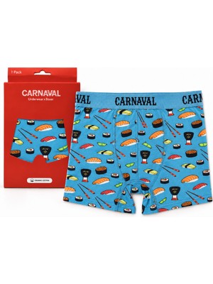 Carnaval Socks Sushi Desenli Erkek Boxer Pamuklu Likralı Parlak Lastikli Kutulu Mavi