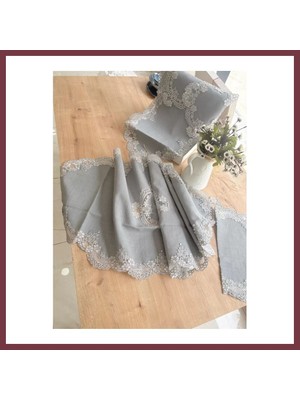 Storeşahin Çeyizlik Firuze Model Gri 5 Parça Keten Dantelli Salon Takımı Runner Seti No 486745 SHN0720