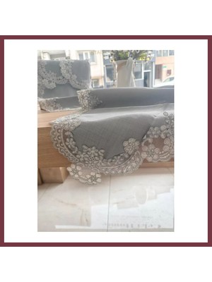 Storeşahin Firuze Model Gri 5 Parça Keten Dantelli Runner Seti Çeyizlik Salon Takımı SHN0720