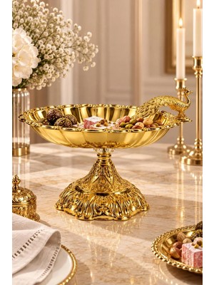 Rasha Collection Tavus Kuşu Figürlü Gold Ayaklı Dekoratif Sunumluk Büyük Boy