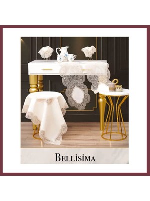 Storeşahin Salon Takımı 5 Parça Keten Dantelli Masa Örtüsü Runner Seti Bellisima Model No 800 -Krem-Kapiçino SHN0720