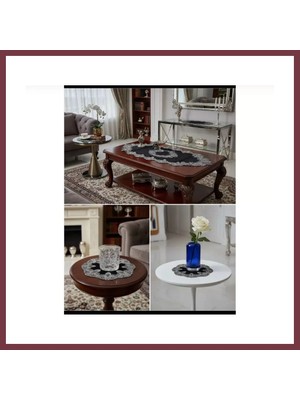 Storeşahin Elora Model Siyah Velvet Kadife 5 Parça Dantelli Salon Takımı Runner Seti No 3616 SHN0720