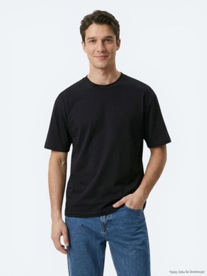 Kip Siyah Düz %100 Pamuk T-Shirt