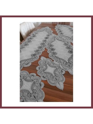 Storeşahin Salon Takımı 5 Parça Dantelli Masa Örtüsü Runner Seti - Gri SHN0720