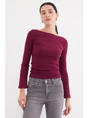 FullaModa Fitilli Kayık Yaka Flare Kol Slim Fit Bluz