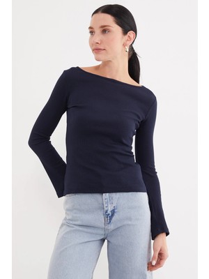 FullaModa Fitilli Kayık Yaka Flare Kol Slim Fit Bluz