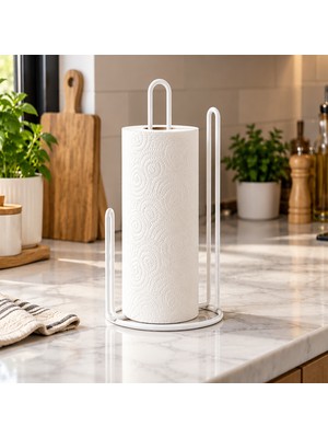 Decorelax Tezgah Üstü Beyaz Metal Dikey Rulo Kağıt Havlu Standı - Mutfak Masaüstü Kağıt Havluluk Organizer