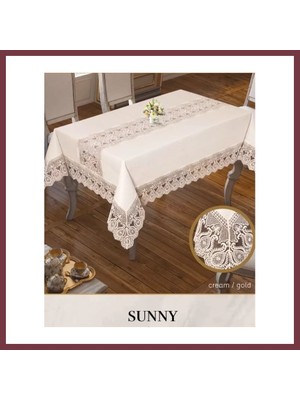 Storeşahin Parlak Keten Masa Örtüsü Tablecloth 160X220 cm Yemek Masası Örtüsü Sunny Model Krem-Gold SHN0720