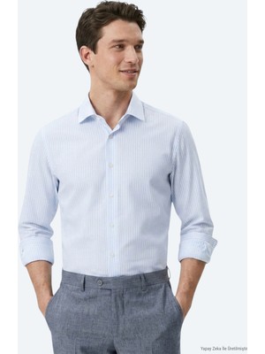 Kip Açık Mavi Çizgili Regular Fit Uzun Dokuma Casual Pamuk Karışımlı Gömlek