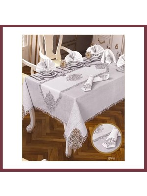 Storeşahin Elegant Linen Krem-Gümüş 12 Kişilik 26 Parça 160 × 220 cm Premium Sofra Masa Takımı SHN0720