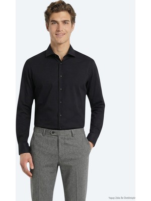 Kip Siyah Düz Regular Fit Uzun Dokuma Klasik Pamuk Karışımlı Gömlek
