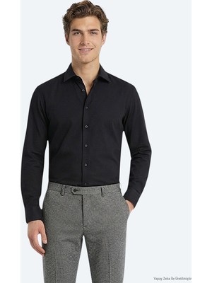 Kip Siyah Düz Slim Fit Uzun Dokuma Klasik Pamuk Karışımlı Gömlek