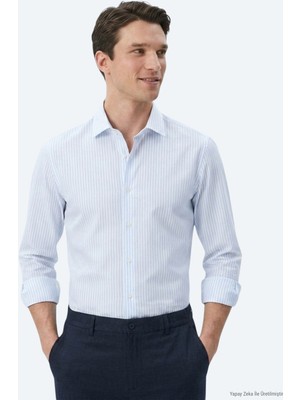 Kip Açık Mavi Çizgili Regular Fit Uzun Dokuma Casual Pamuk Karışımlı Gömlek
