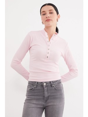 FullaModa Fitilli Yarım Çıtçıtlı Dik Yaka Slim Fit Bluz