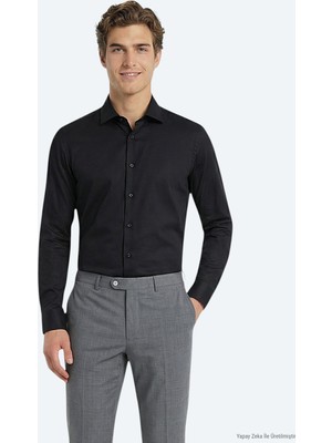 Kip Siyah Düz Slim Fit Uzun Dokuma Klasik %100 Pamuk Gömlek