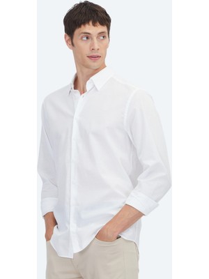 Kip Beyaz Düz Regular Fit Uzun Dokuma Casual %100 Pamuk Gömlek
