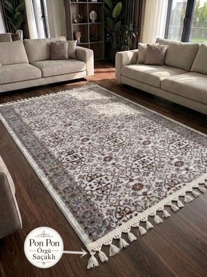 NarStore Home Merinos Çiçekli Otantik Pon Pon Saçaklı Krem Yeşil Kalın Kaymaz Taban Kesme Yolluk Halı