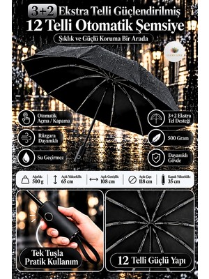 Lucky Love 12 Telli Güçlendirilmiş Klasik Otomatik Şemsiye Rüzgara Dayanıklı Su Geçirmez Uv Korumalı Klasik