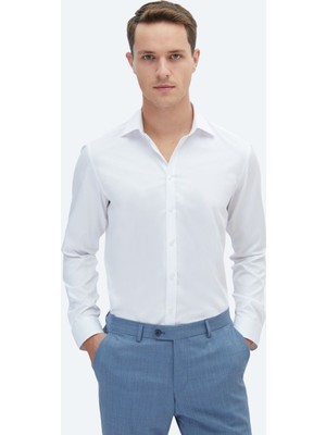 Kip Beyaz Düz Slim Fit Uzun Dokuma Klasik %100 Pamuk Gömlek