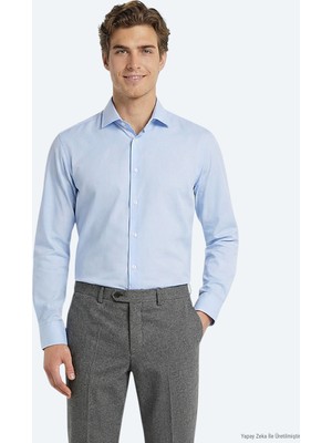 Kip Açık Mavi Düz Slim Fit Uzun Dokuma Klasik Pamuk Karışımlı Gömlek