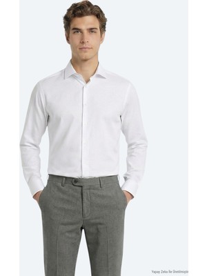 Kip Beyaz Düz Slim Fit Uzun Dokuma Klasik Pamuk Karışımlı Gömlek
